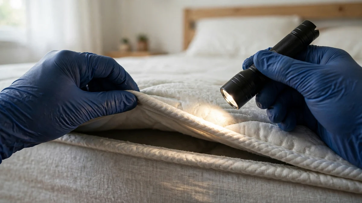 Technician inspecting a mattress seam with a flashlight during a bed bug inspection