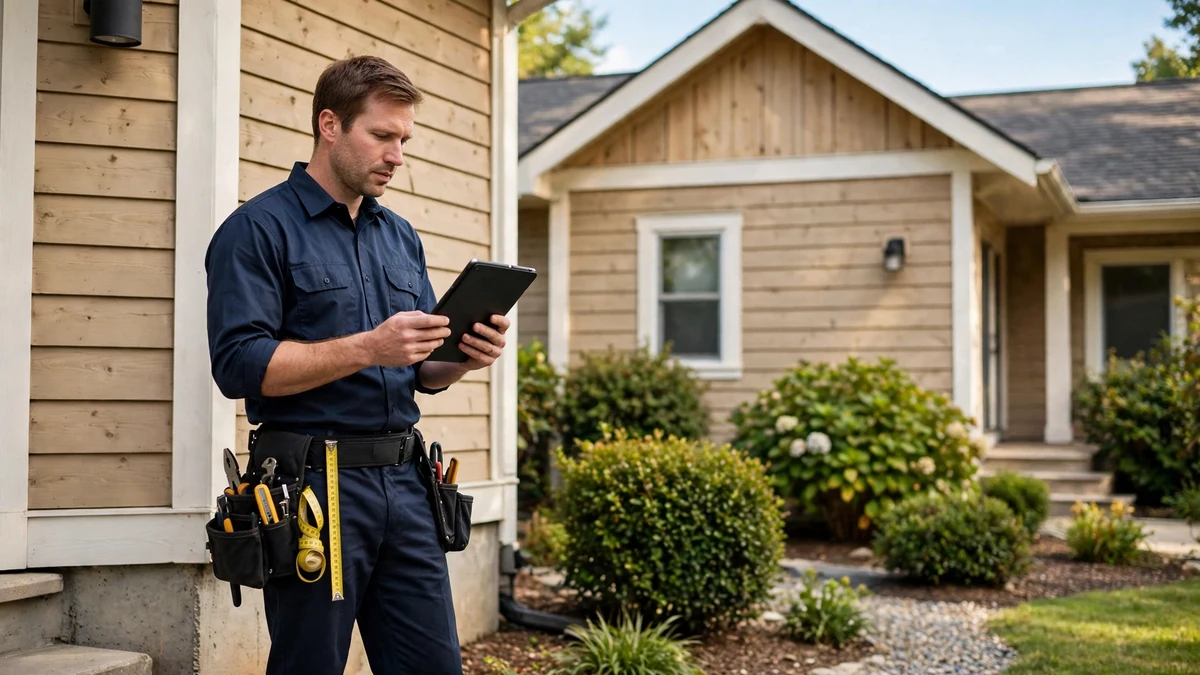 Technician reviewing a tablet while assessing a home exterior for a pest control quote