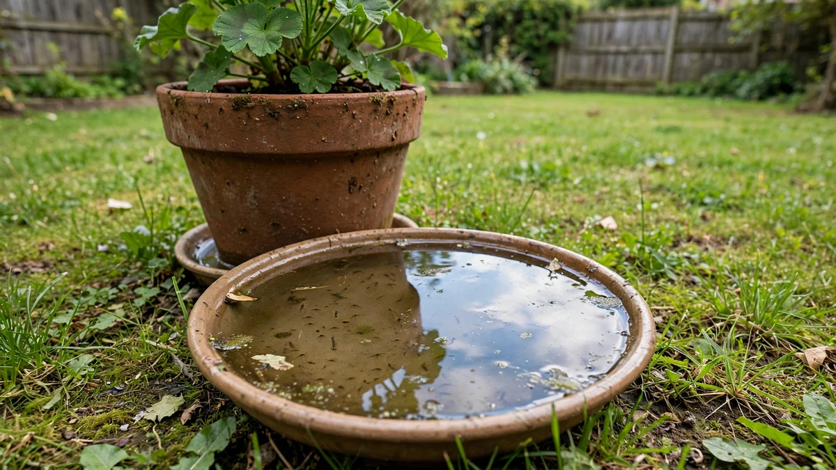 Standing water in a plant saucer on a green lawn, a mosquito breeding spot