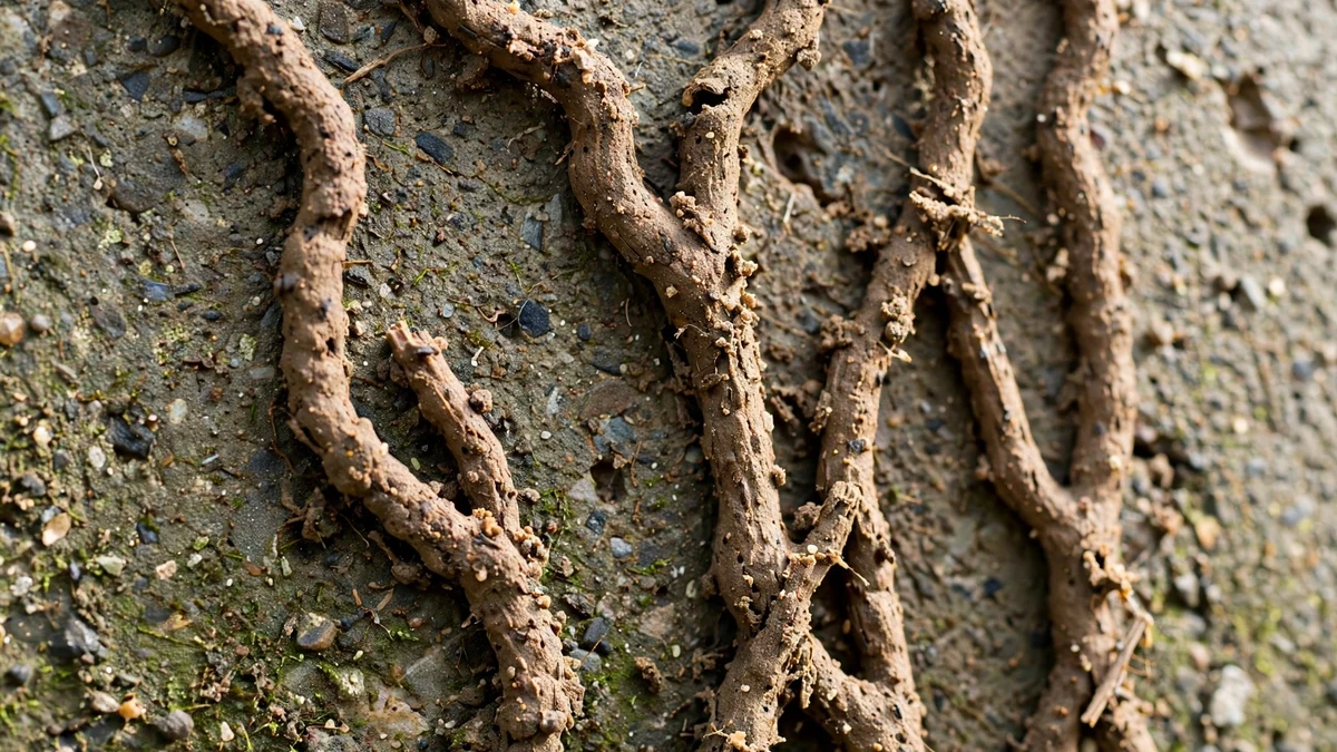 Close-up of termite mud tubes climbing a concrete foundation wall