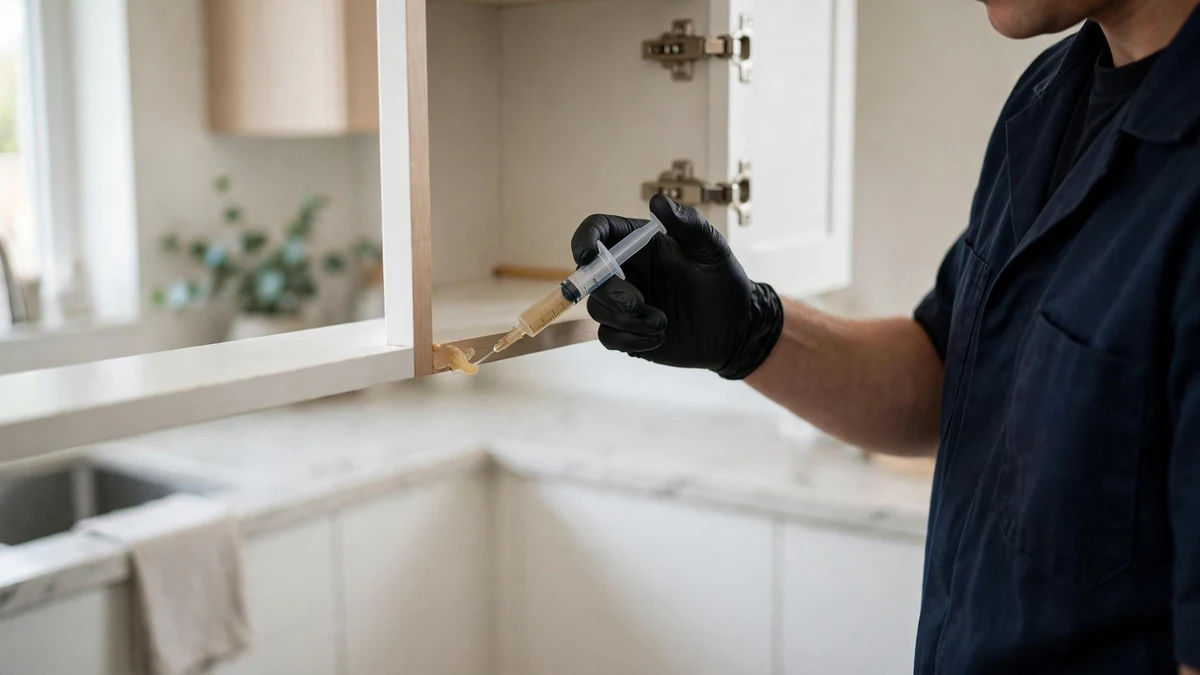 Technician applying gel bait in a kitchen, crack-and-crevice focus