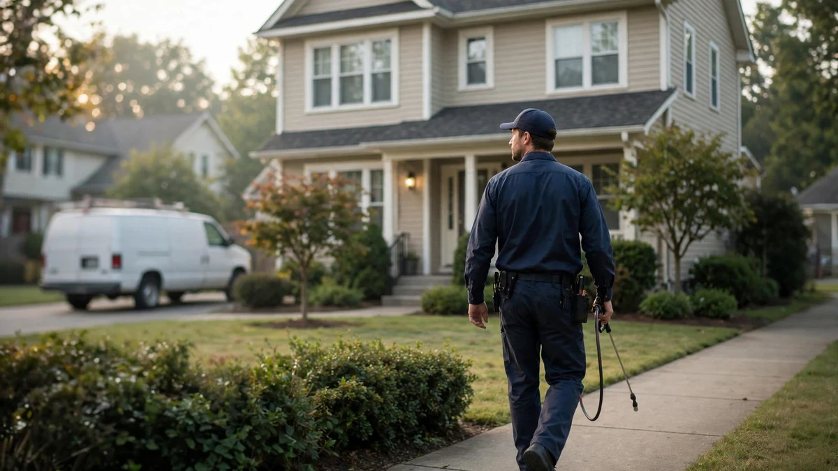 Pest control technician inspecting a home exterior in Dalton, Georgia