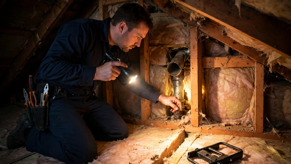 Technician inspecting an attic with a flashlight for rodent activity