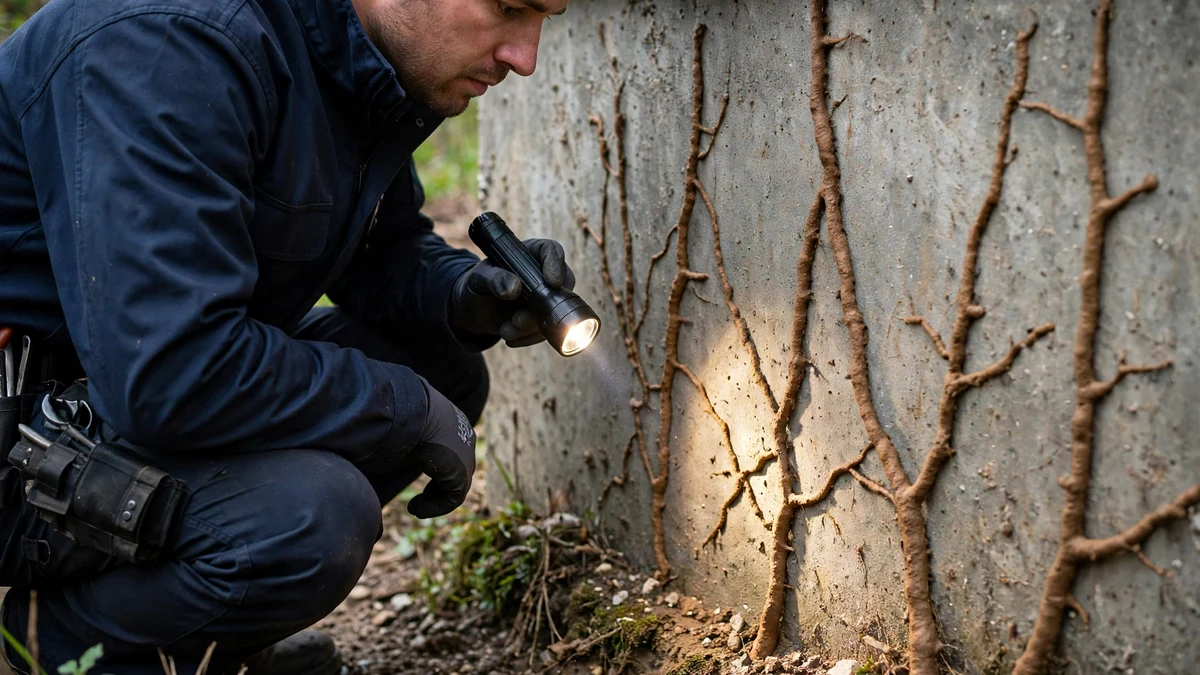 Technician inspecting a home foundation and crawl space for termite activity in daylight