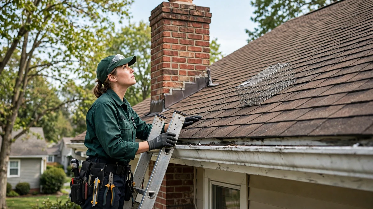 Technician on a ladder inspecting a roofline and soffit for wildlife entry points